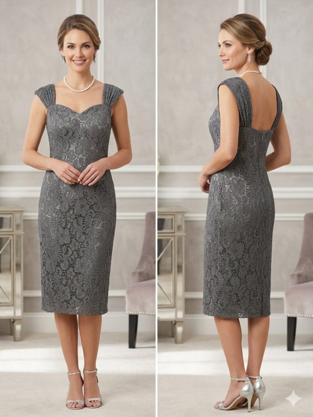 Lanting Bridal Gray Lace Thick Strap Elegant Mother of the Bride/Groom Dress NEW